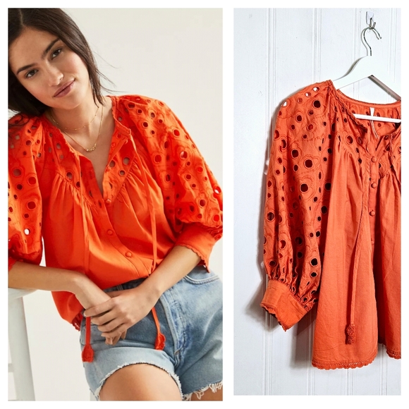 Anthropologie Tops - Anthropologie Orange Eyelet Peasant Blouse